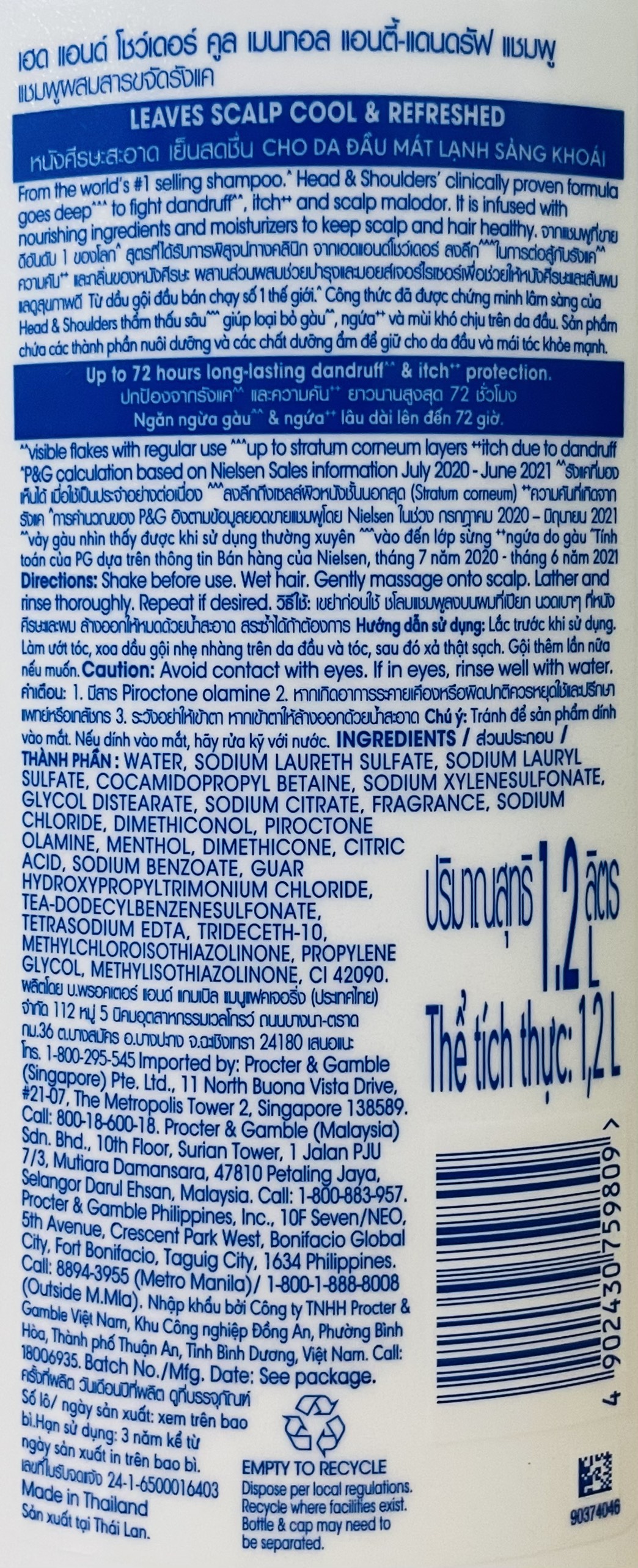 Dầu Gội HEAD & SHOULDERS BẠC HÀ 1.2 Lít - BACH HOA HV