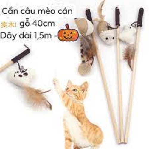 Hanpet - HPKM- Đồ chơi cần câu mèo cán gỗ