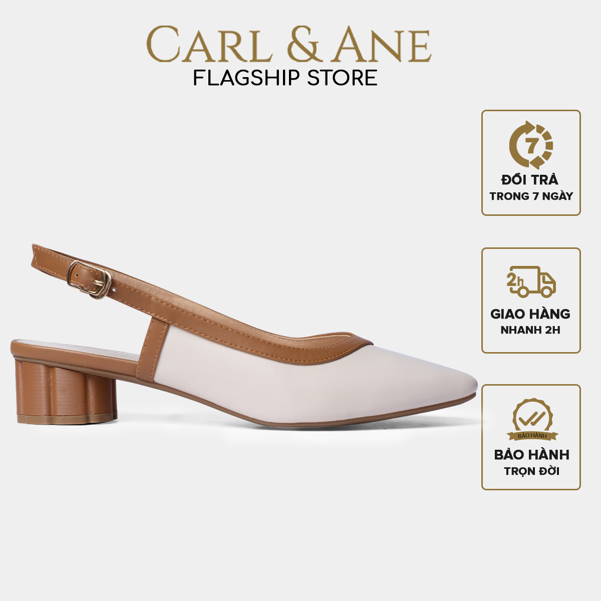 Carl & Ane - Giày cao gót thời trang mũi vuông hở gót phối dây tinh tế cao 3cm màu kem nhạt - CL005