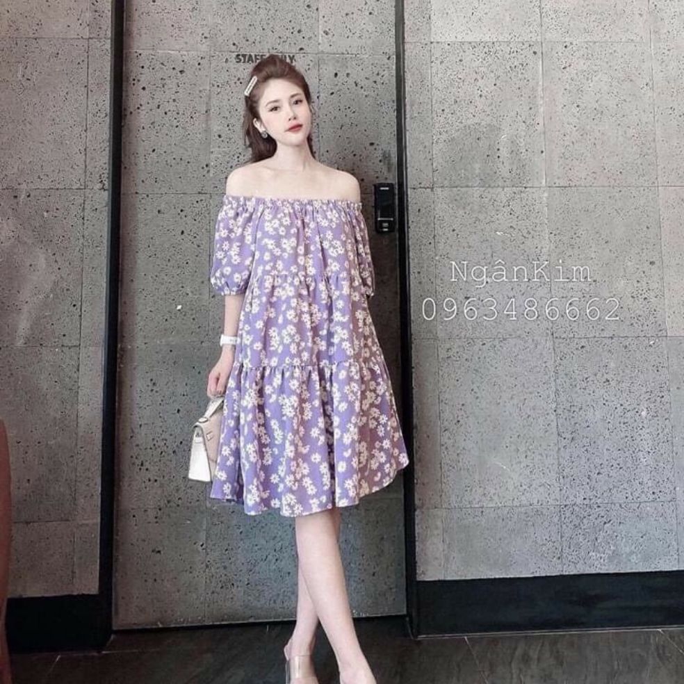 [HCM]Đầm babydoll hoa trễ vai
