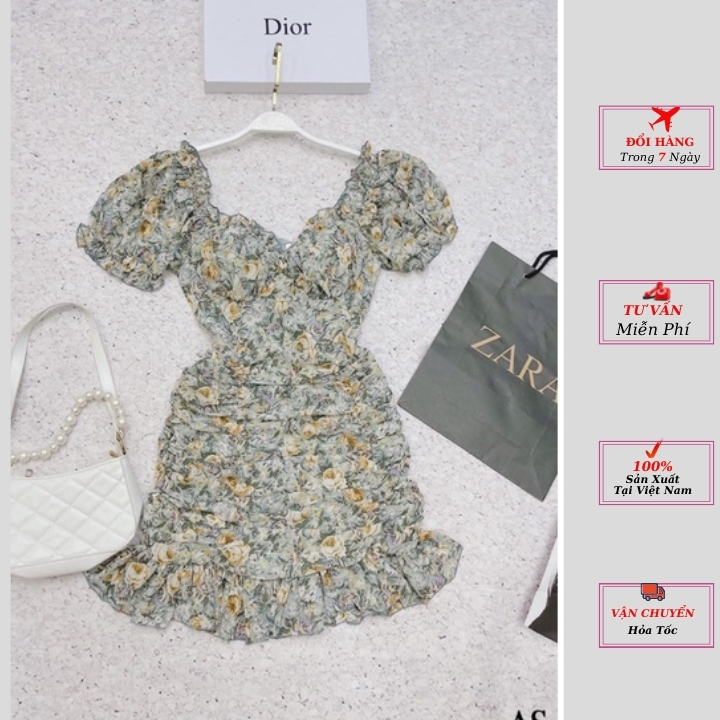 Váy voan hoa nhí hai lớp nhúm cổ vuông tay phồng có lót ngực màu xanh hàng cao cấp thời trang nữ