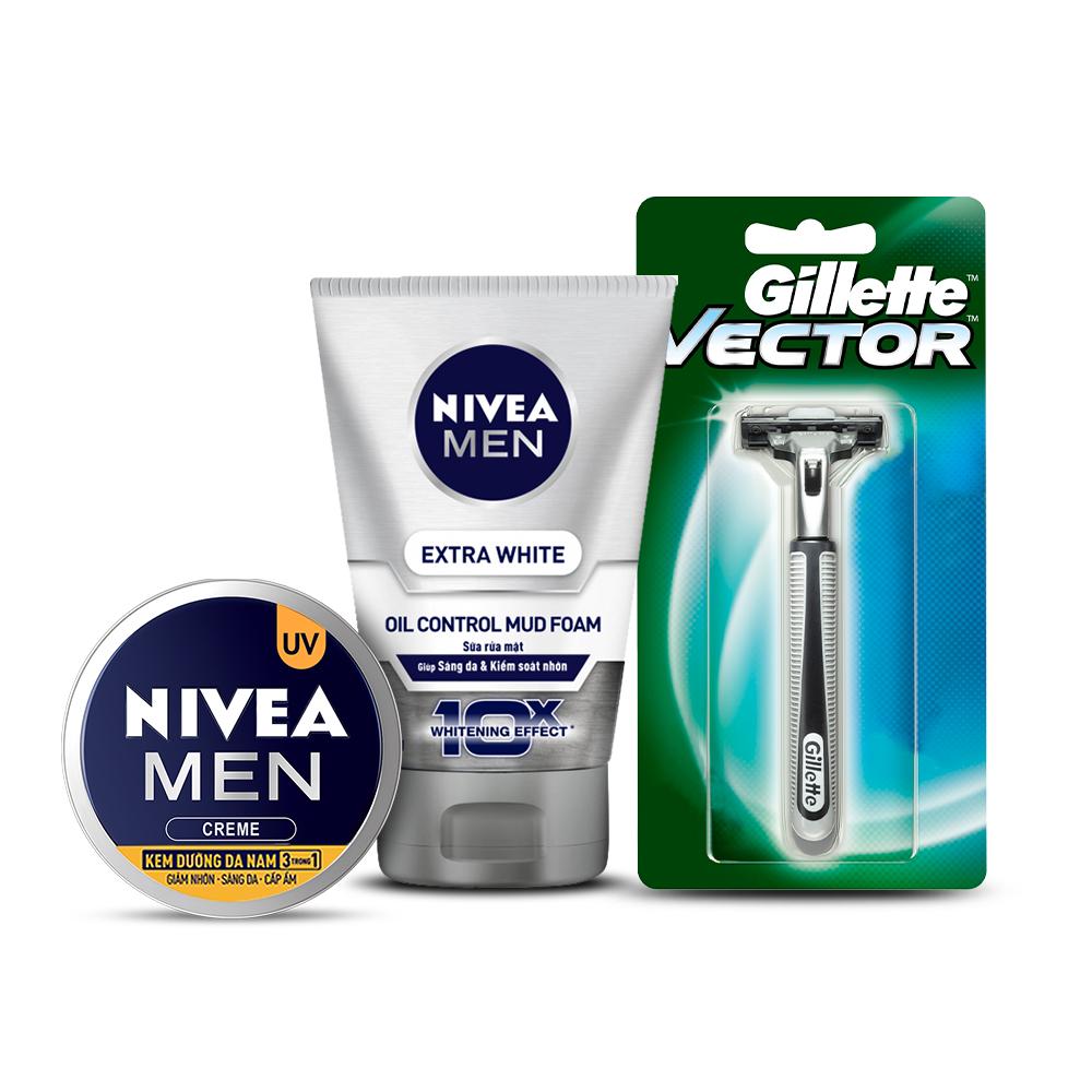 Bộ sản phẩm NIVEA MEN (Kem dưỡng 3in1 83923 30ml + Sữa rửa mặt bùn khoáng sáng da 81775 100g) + Tặng dao cạo Gillette tốt nhất
