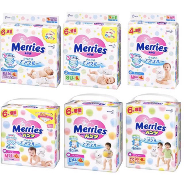 Bỉm quần Merris nhật nội địa cộng miếng đủ size cho bé M58+6/L44+6/XL38+6/XXL26+2