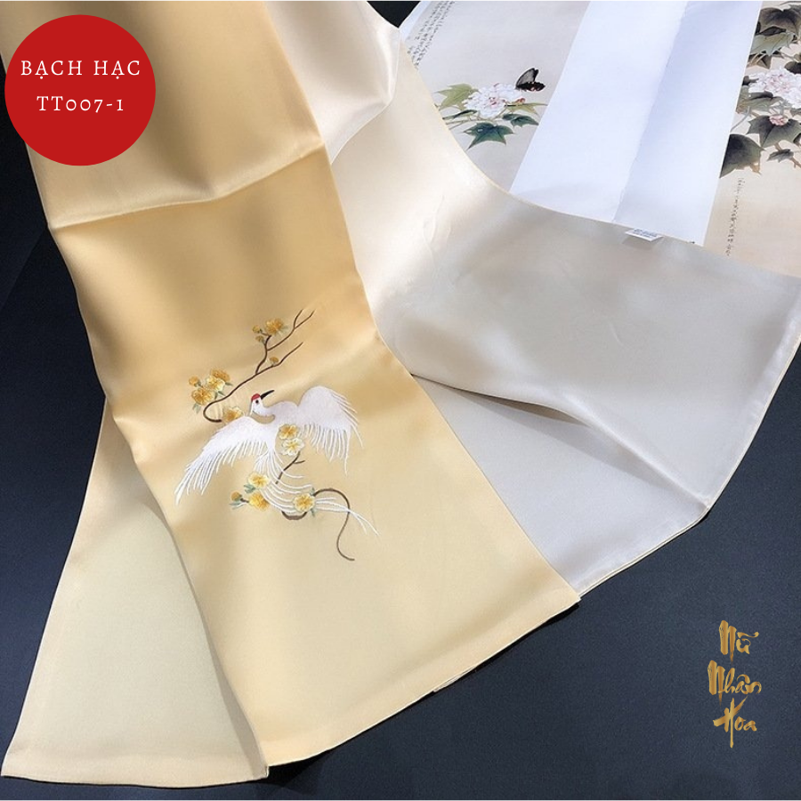 Khăn Lụa Thêu Tay Cao Cấp Hoạ Tiết Chim Bạch Hạc