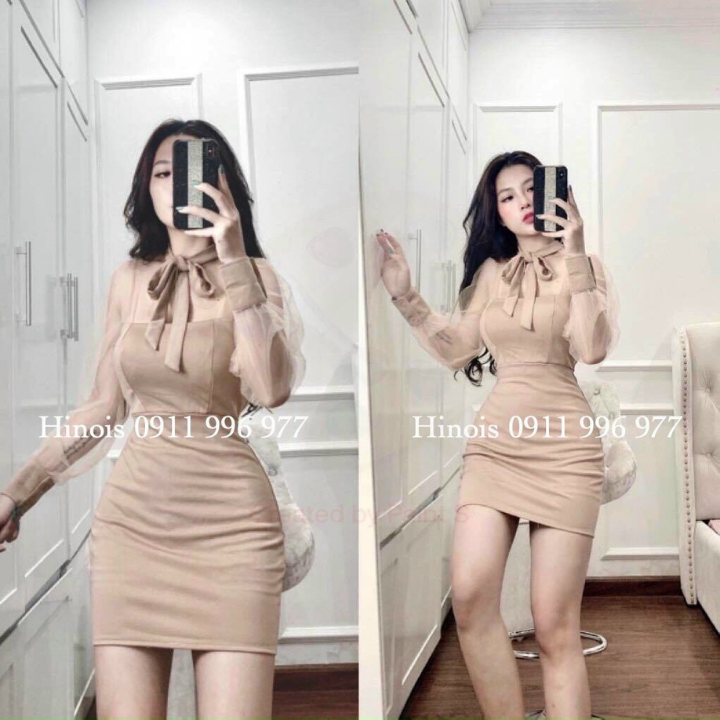 Váy đầm ôm boby thắt nơ phối voan lưới