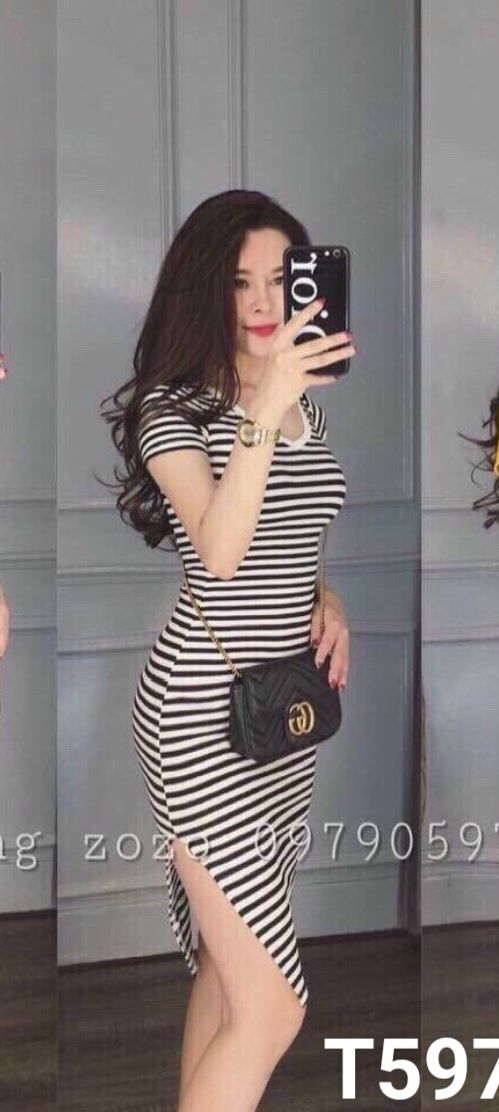 Đầm thun ôm body xẻ tà dạo phố T597