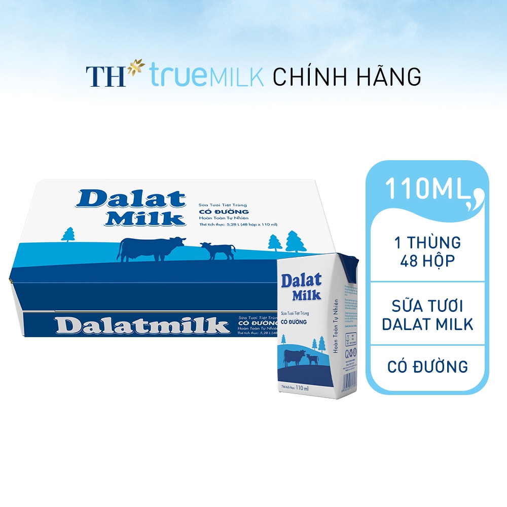 HDS T3-2023 Thùng 48 Hộp Sữa tươi tiệt trùng Có Đường Dalat Milk 110ml