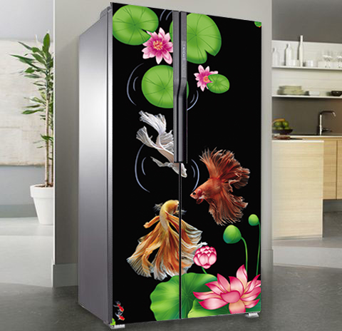Decal cao cấp chống thấm dán tủ lạnh - koi hoa sen