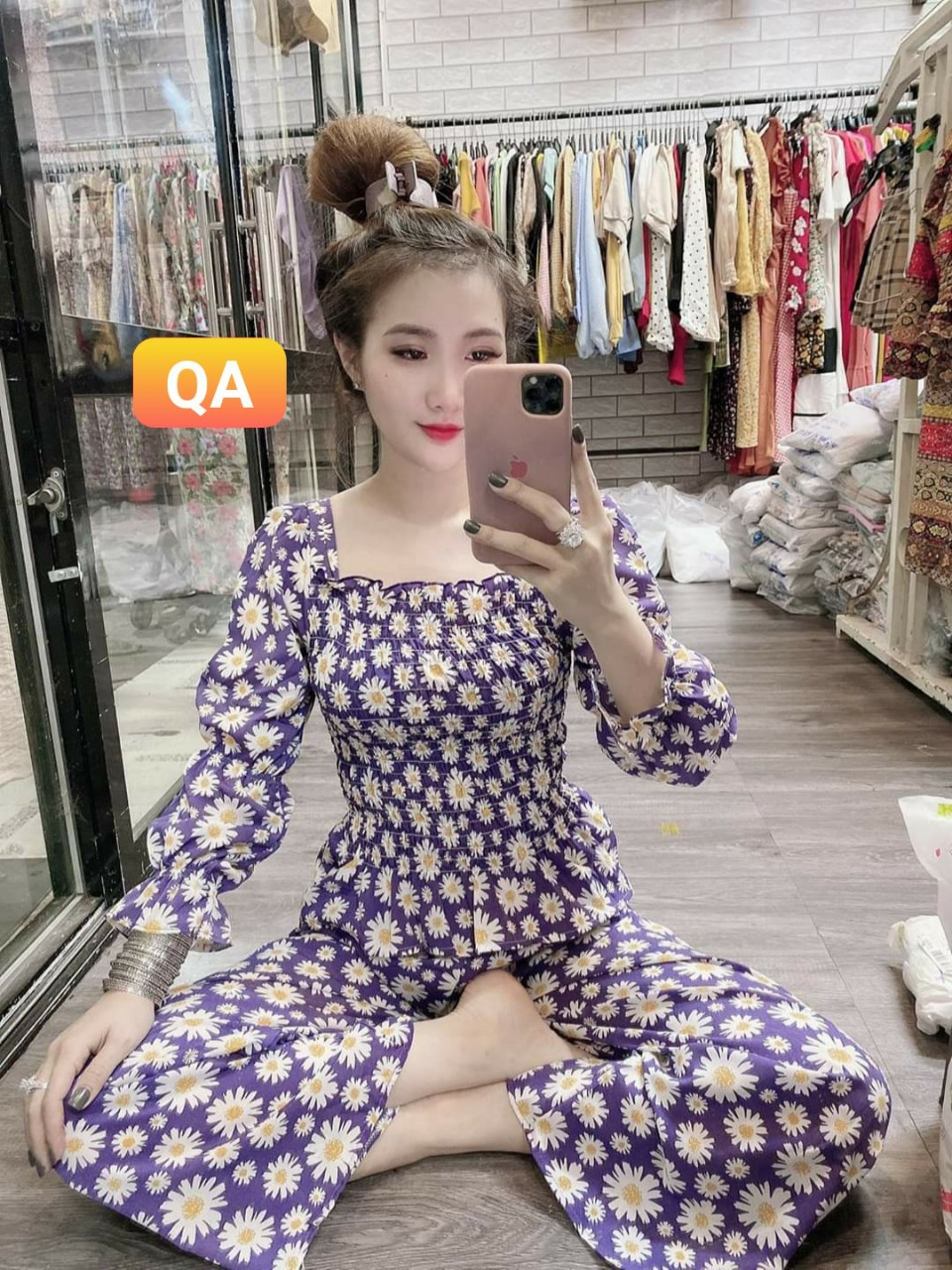 Sét bộ lụa hoa tay phồng quần có túi-QH