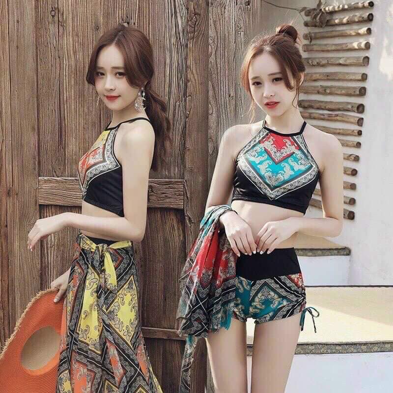 Bộ bikini áo yếm kèm khăn-Set bikini 3 mảnh kèm khăn cao cấp-Bộ tắm biển nữ-đồ bơi nữ 3 mảnh thổ cẩm-Bộ Đồ Đi Biển Kèm Khăn Siêu Hot