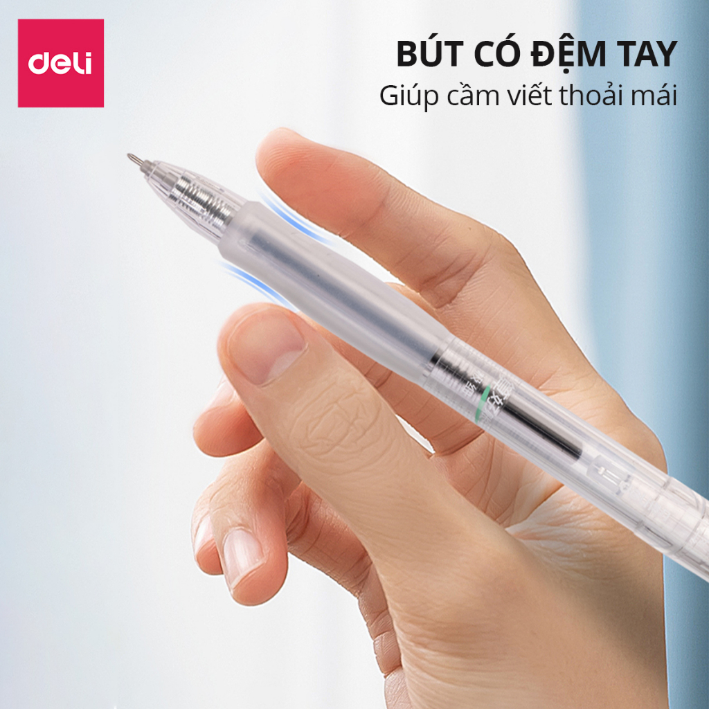 Combo 10 Bút Bi Bấm Mực Gel đen DELI ngòi 0.35mm, Kèm ngòi thay thế, Bút viết mực đen trơn tru, không tắc mực cho học sinh, văn phòng - SA130/A122