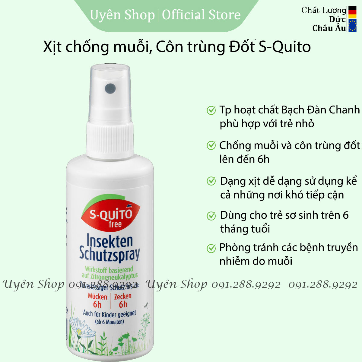 Chai Chống Muỗi Đốt Và Côn Trùng Cắn Squito HÀNG ĐỨC, Chống Đốt Lên Đến 6h, Trẻ Sơ Sinh, chai 100ml