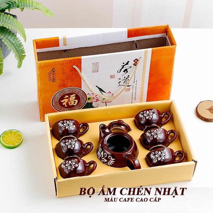 Bộ ấm tách trà sứ màu nâu sáng bóng full hộp làm quà tặng - bộ ấm trà cao cấp