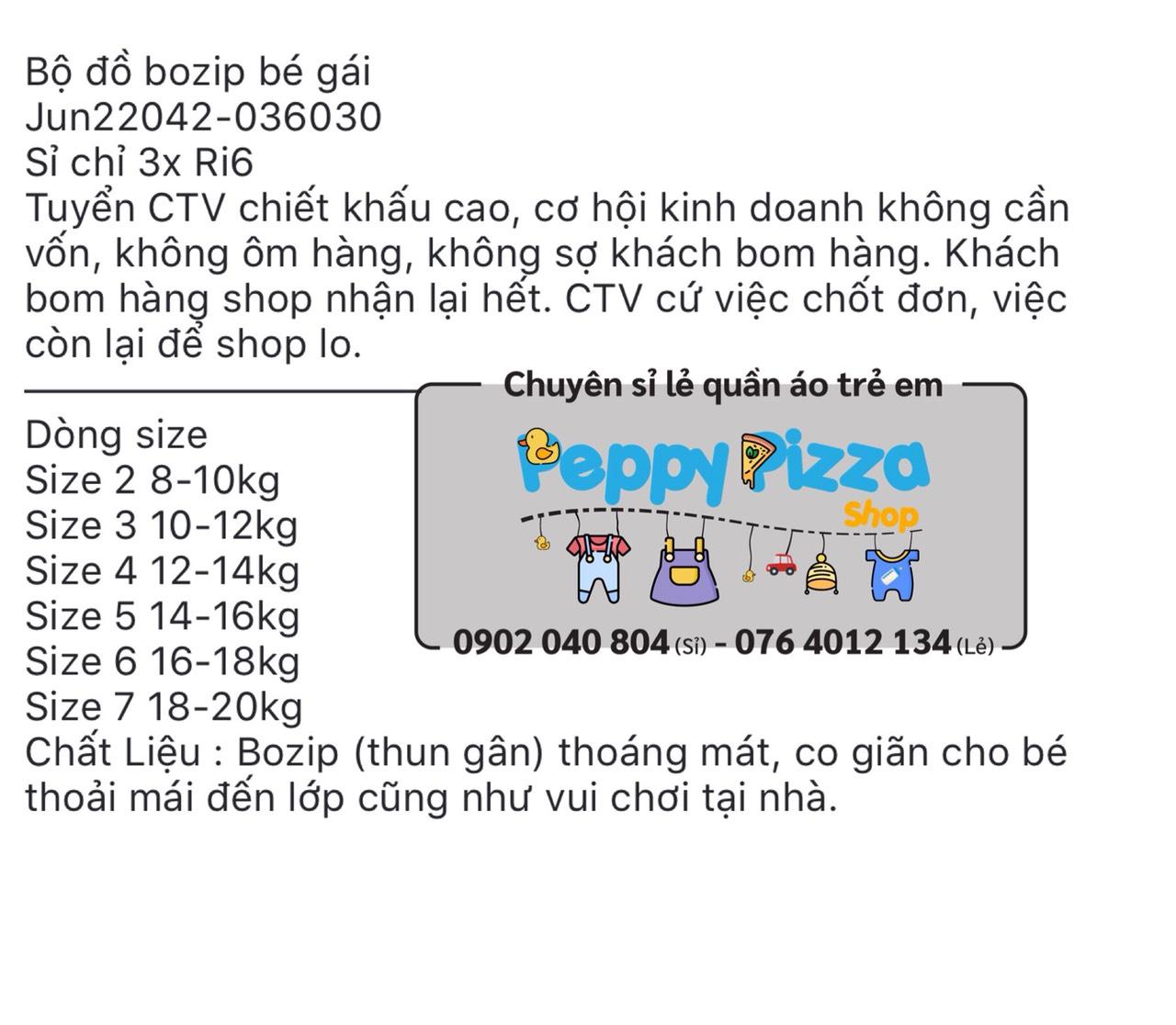 [HCM]Bộ đồ bozip bé gái (kèm bảng size hình cuối)