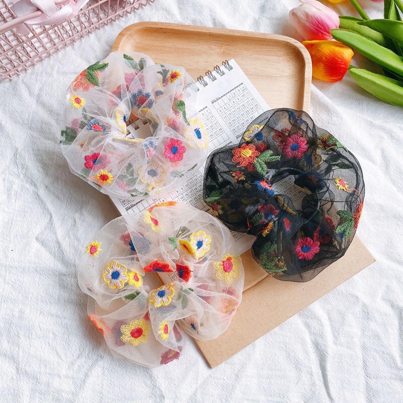 [HCM]Scrunchies cột tóc thêu hoa vải voan lưới