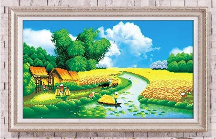 Tranh Đính Đá Phong Cảnh Làng Quê kích thước 100x61cm