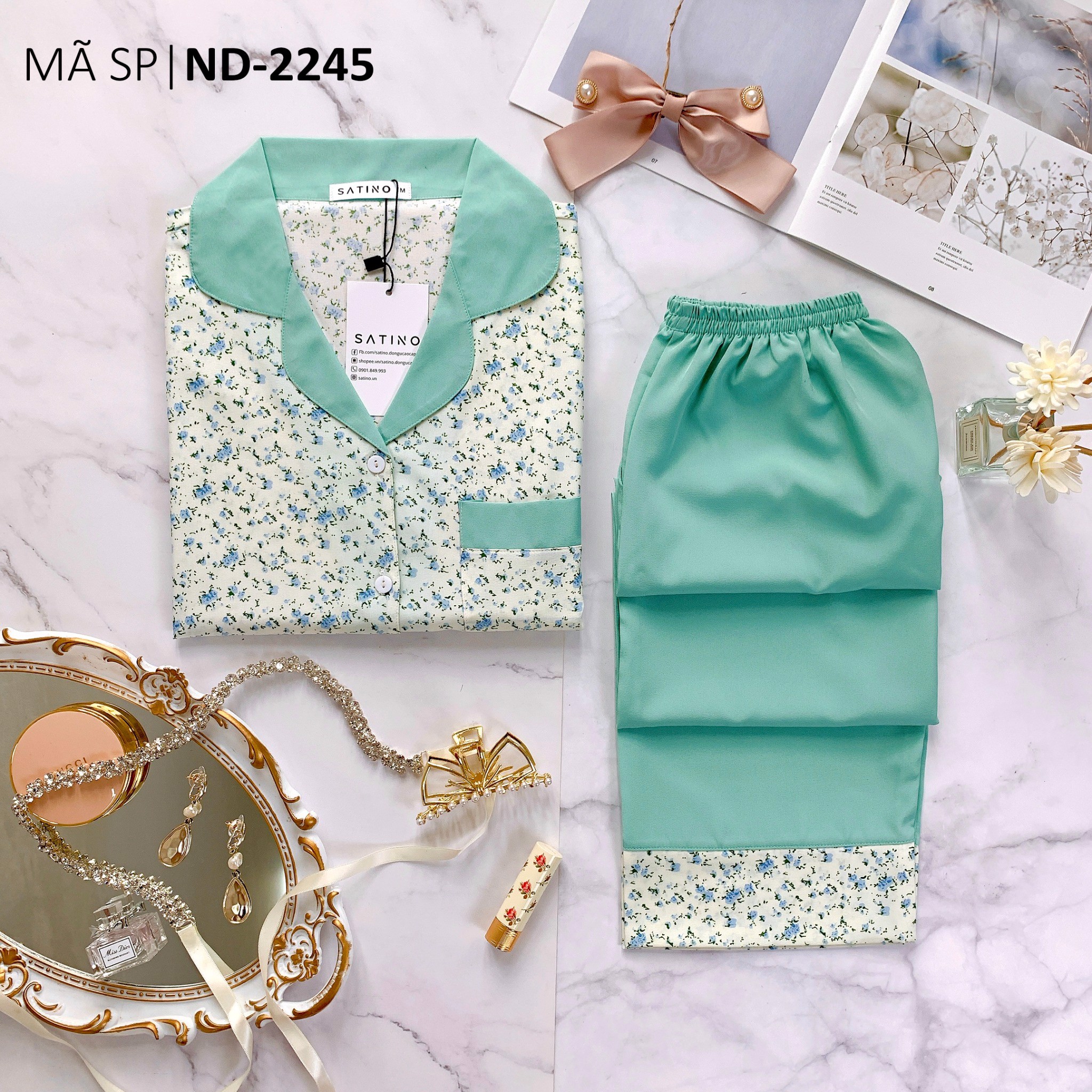 Pijama Tay ngắn quần dài Layla Mint [COMBO 3 BỘ 499K, 5 BỘ 779k ]