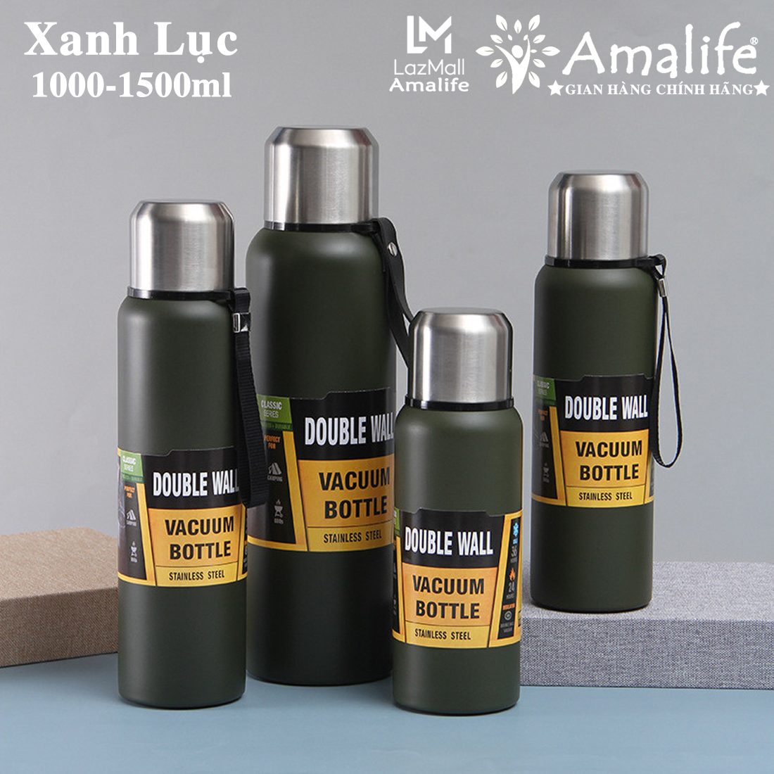 Bình Nước Giữ Nhiệt INOX Cao Cấp – Màu XANH LỤC – Dung Tích 1000-1500ml - Phích Giữ Nhiệt Từ 8 đến 12 Tiếng Cho Văn Phòng Có Nắp Uống Cute, Lưới Lọc Trà, Nắp Giữ Nhiệt Nóng Lạnh Chính Hãng Amalife