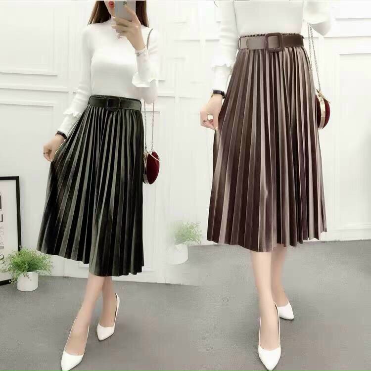 Chân váy xếp ly nhung - dáng midi kèm đai