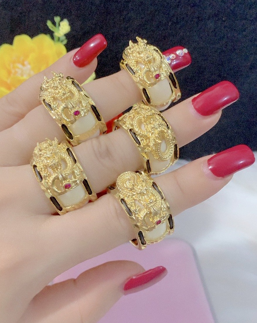 Nhẫn nam, nhẫn nam đẹp mạ vàng 18k, 24k rồng đính ngọc Mẫu 08. 050LL1510 - cao cấp kiểu tròn lớn đính đá tinh xảo lấp lánh rực rỡ lung linh thiết kế sang trọng - 118-05102021 - Bao đổi trả trong vòng 07 ngày