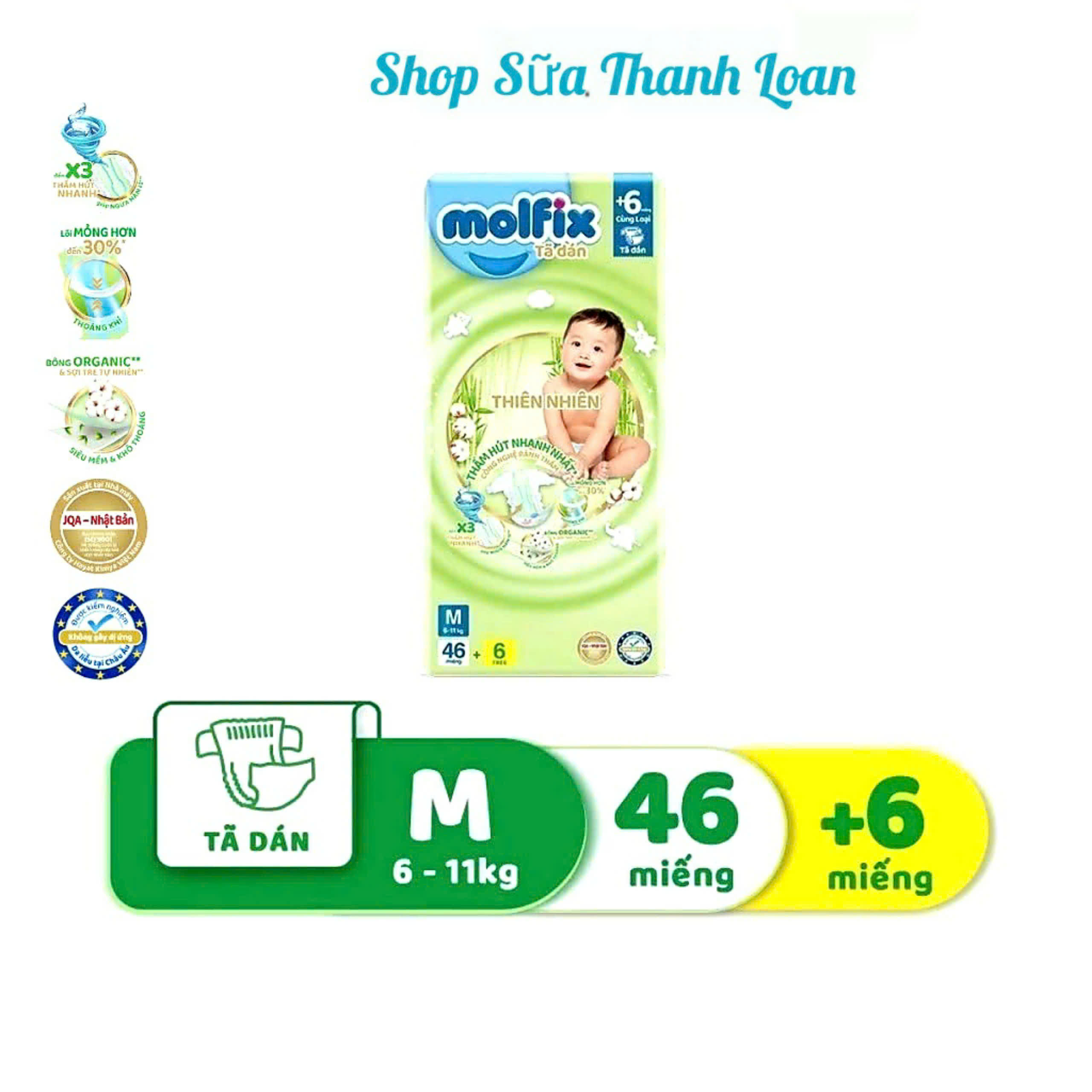 (TẶNG 6 MIẾNG) Tã/bỉm Dán Molfix Thiên Nhiên Jumbo M (6kg - 11kg) - Gói 46+6 Miếng.