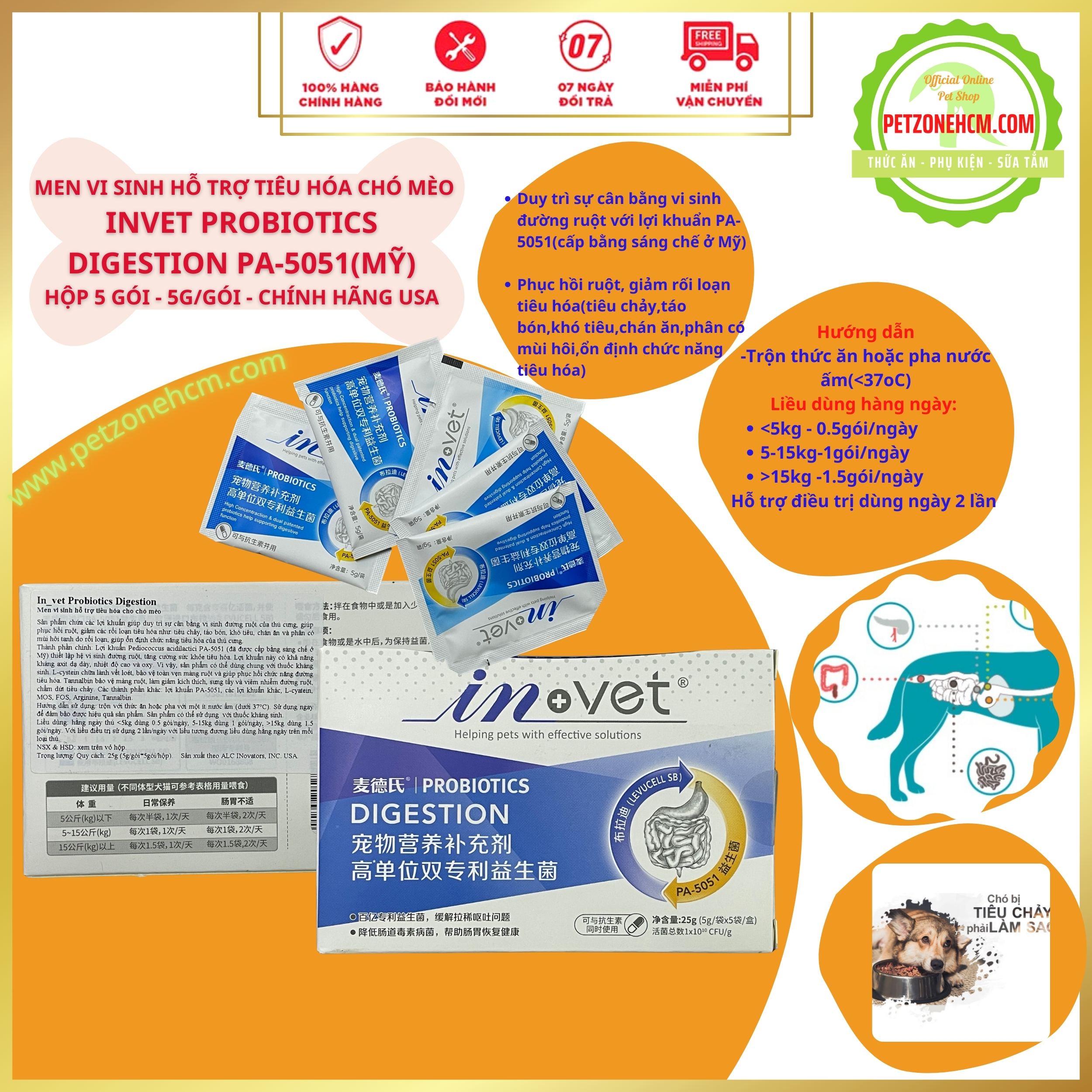 Men vi sinh InVet Active Probiotics 5g - men tiêu hoá chó mèo chuẩn USA  🏷️ FREESHIP 🏷️ Hộp 5 gói men hỗ trợ tiêu hóa chăm sóc chó mèo tăng đề kháng với lợi khuẩn PA-5051 được cấp bằng sáng chế ở Mỹ