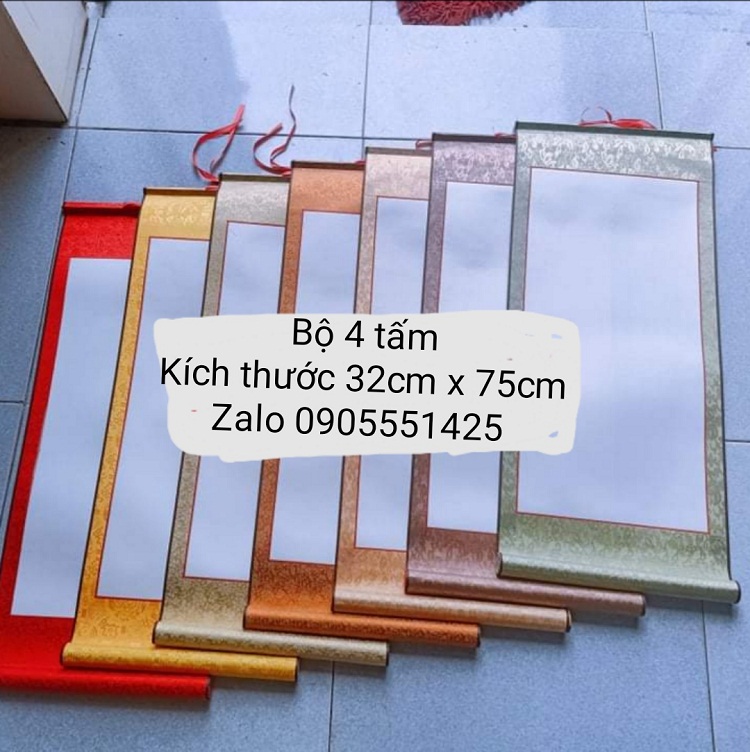 Bộ 4 tấm biểu bồi lụa . Biểu lụa thư pháp. Giấy viết thư pháp. Mành tre. Biểu bồi lụa. Thư pháp.