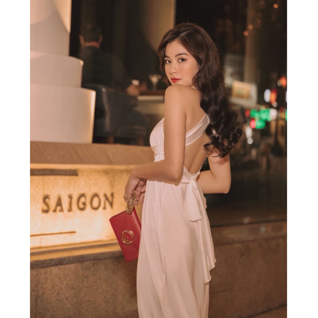[Ảnh thật] Đầm maxi cột nơ chéo xẻ tà hở lưng mặc được 2 kiểu