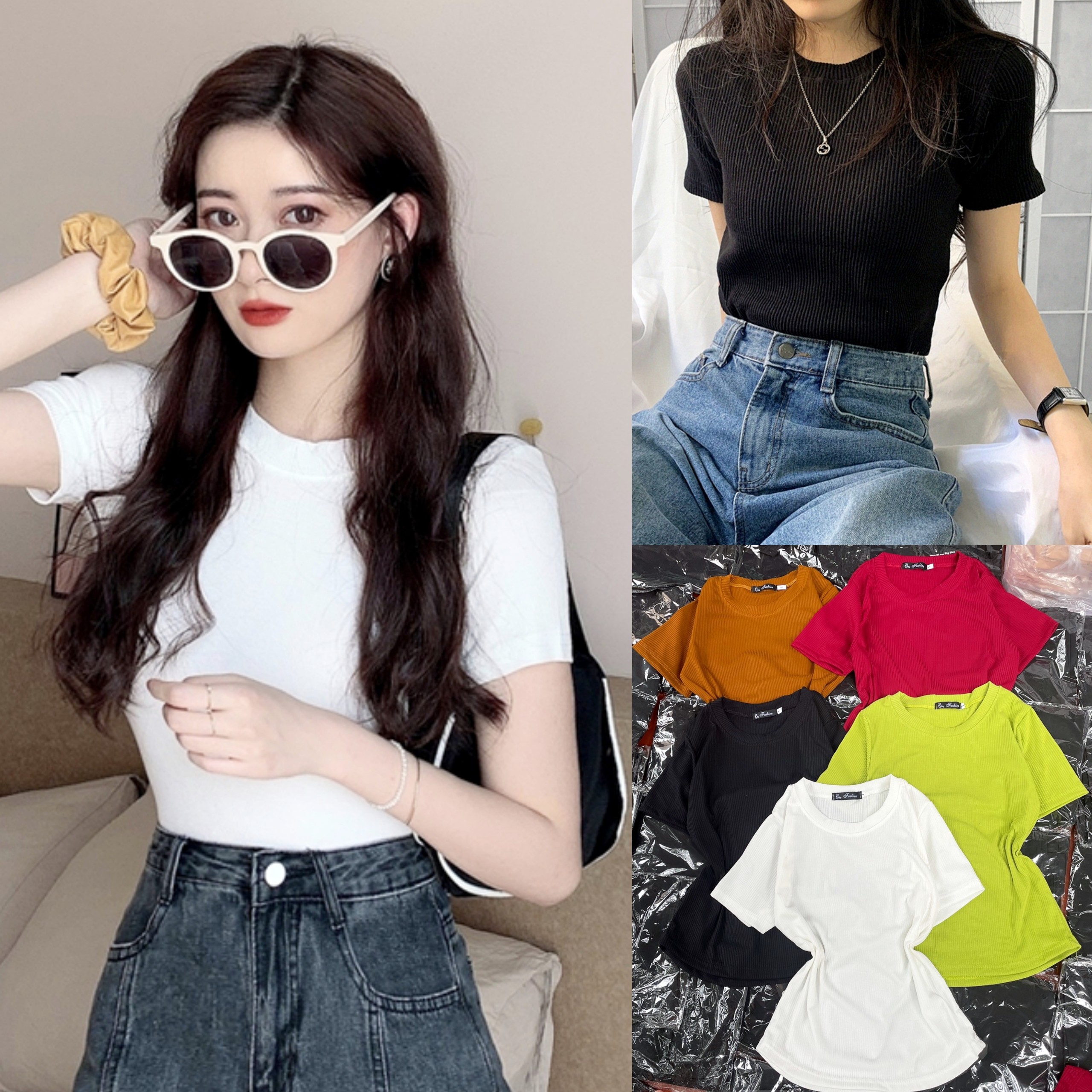 Áo thun kiểu croptop cổ tròn chất thun gân cao cấp co giãn mã g102