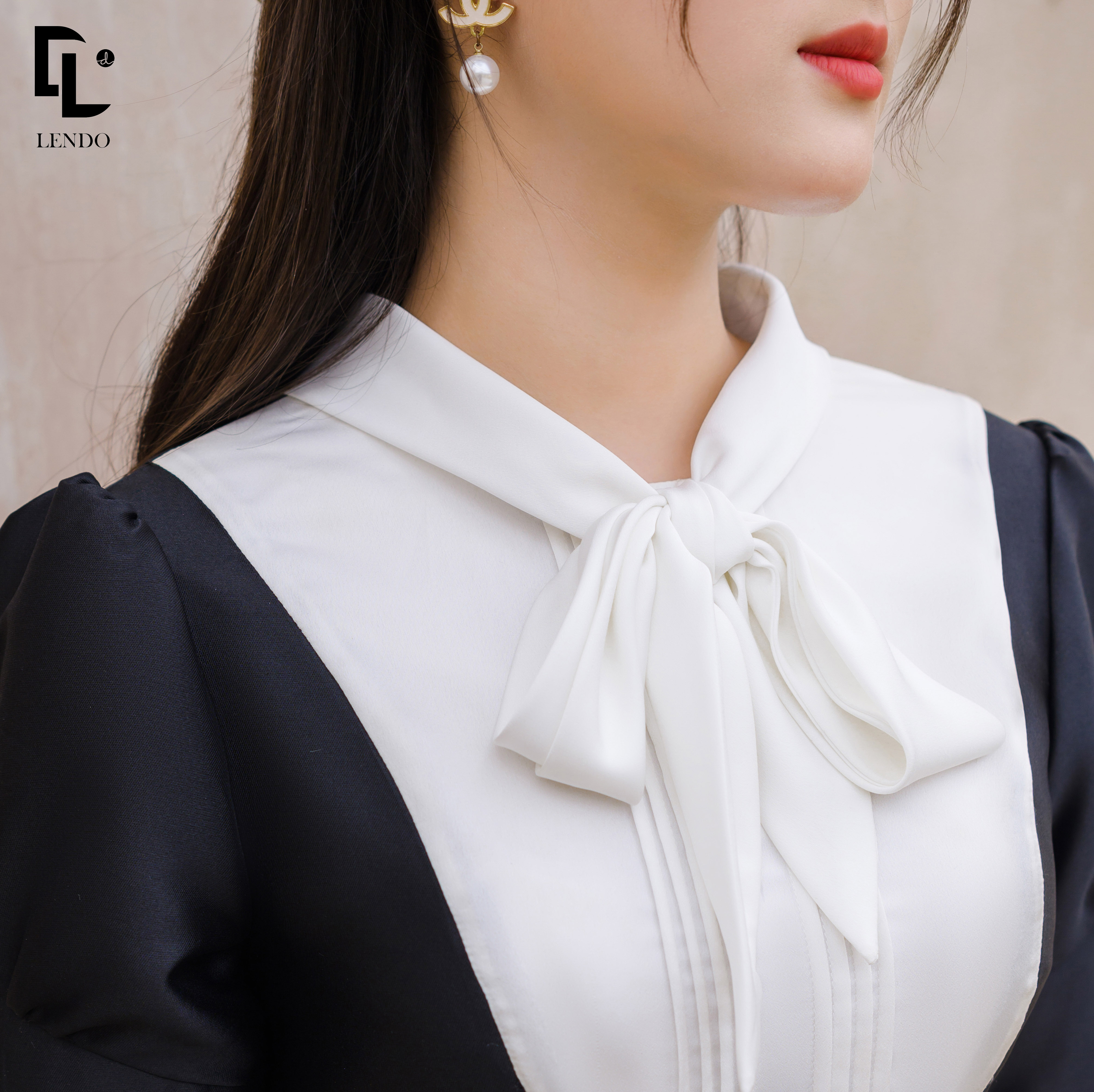 Đầm đen tafta cổ trắng LENDO V230207