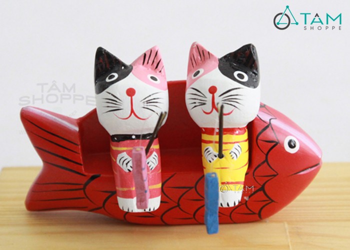 Bộ 2 mèo gỗ câu cá ngồi ghế cá chép - cdsdrfgtfh