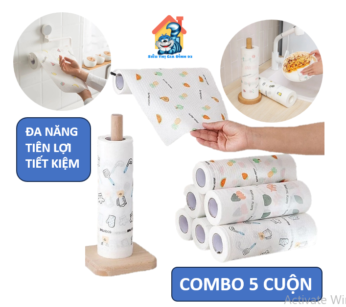 Combo 5 cuôn khăn giấy vải lau đa năng khổ 20cm, lau bếp, lau chén bát siêu thấm hút