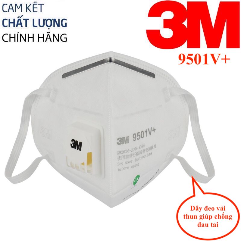 Khẩu trang 3M 9501V+ tiêu chuẩn KN95 dây quai đeo bằng vải thun, không gây đau tai, lọc các loại bụi siêu mịn PM2.5, các loại bụi công nghiệp độc hại, lọc mùi, chống virus hiệu suất cao tới 95%