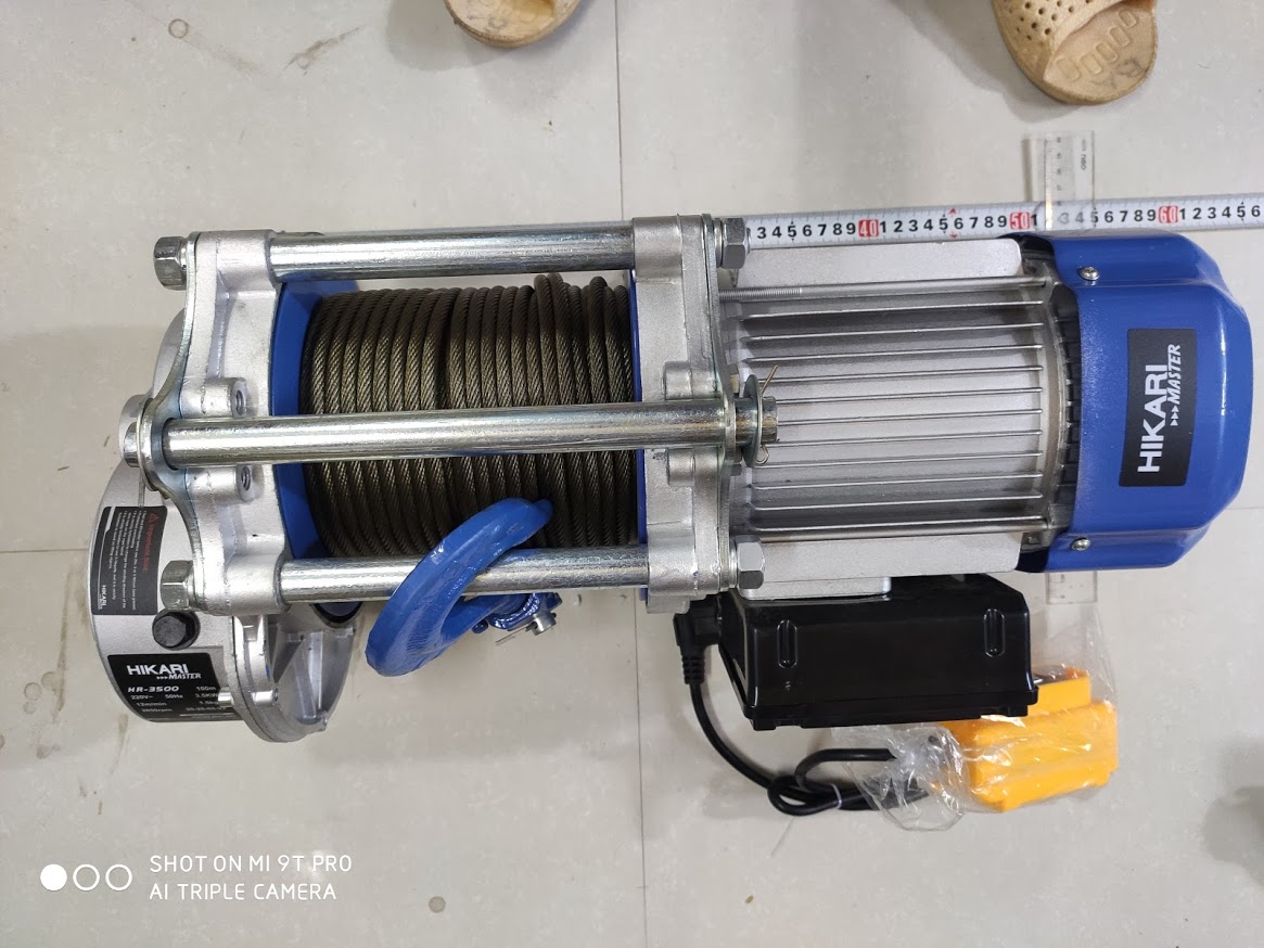 [Trả góp 0%]Tời điện HiKari HR 3500 công suất 35 KW 220 vôn Madein Thái lan (nâng 1500-3000kg) màu xanh trắng đặt trên cao hoặc mặt đất dây đồng chịu nhiệt cáp chịu lực lõi thép.