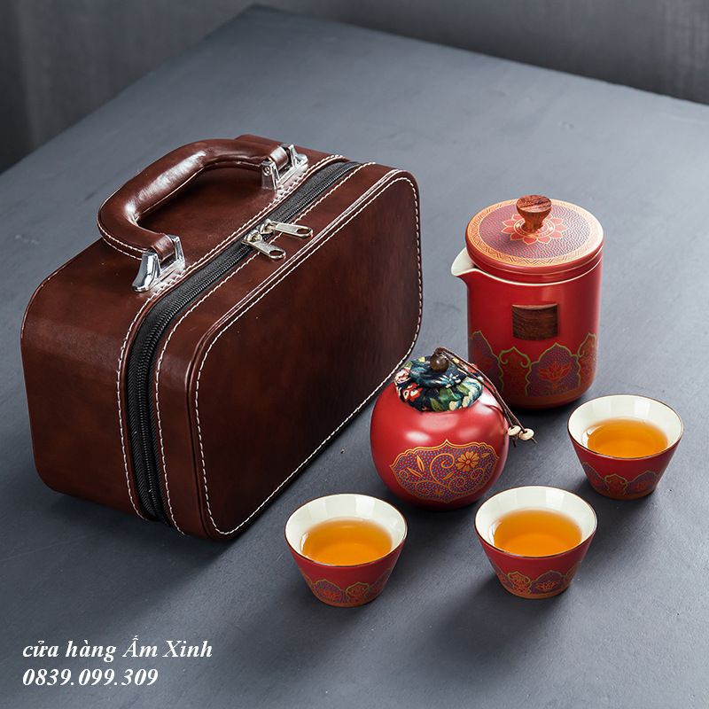 Bộ ấm chén pha trà du lịch, kèm vali da sang trọng