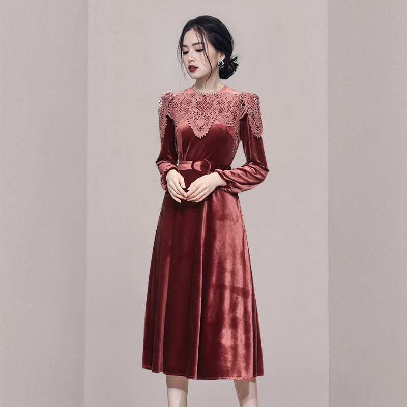 Đầm nhung tay dài phối ren mỏng thời trang mới cho nữ váy