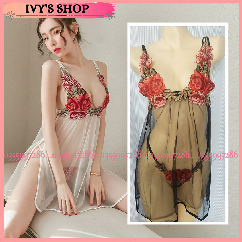 Váy Ngủ Sexy Thêu Hoa Cao Cấp , Đầm Ngủ Hai Dây Thêu Hoa Siêu Sang - VNH003