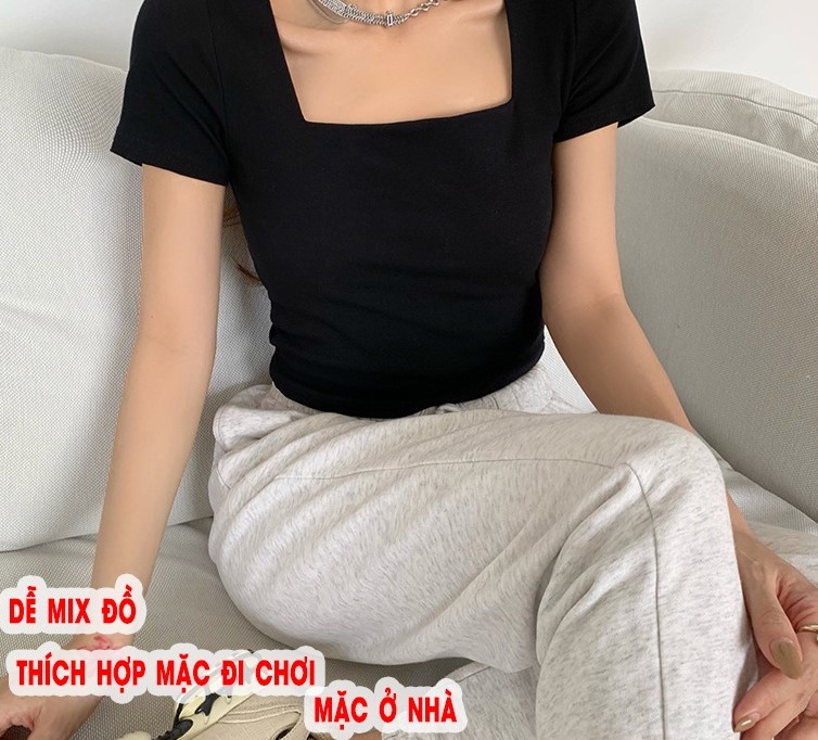 Áo croptop cổ vuông ngắn tay ôm nữ , áo crt hở rốn thun gân 100% cotton đẹp màu đen trắng