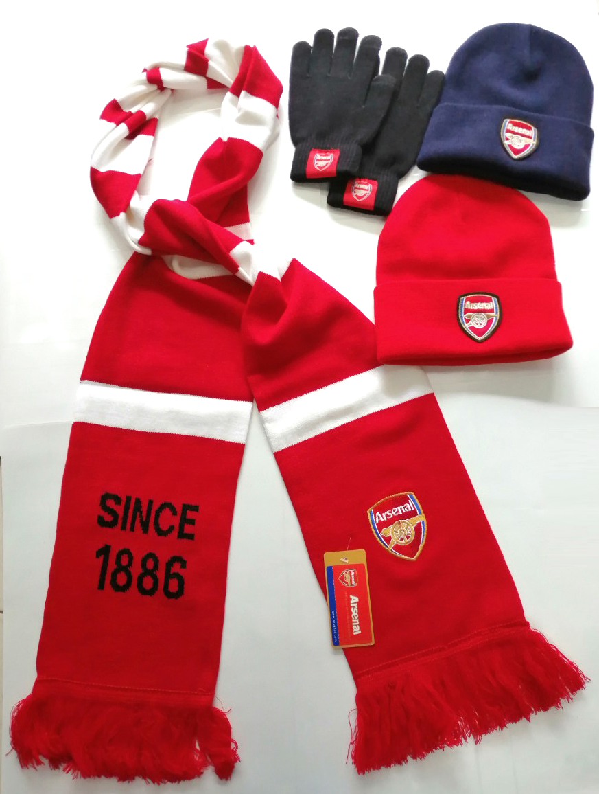 Khăn len, mũ len, găng tay len Arsenal logo thêu