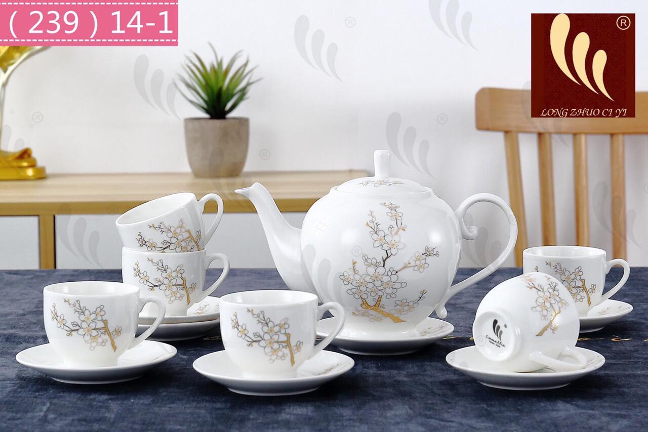 BỘ ẤM CHÉN KÈM ĐĨA HỌA TIẾT HOA VĂN Vàng - giao màu ngẫu nhiên