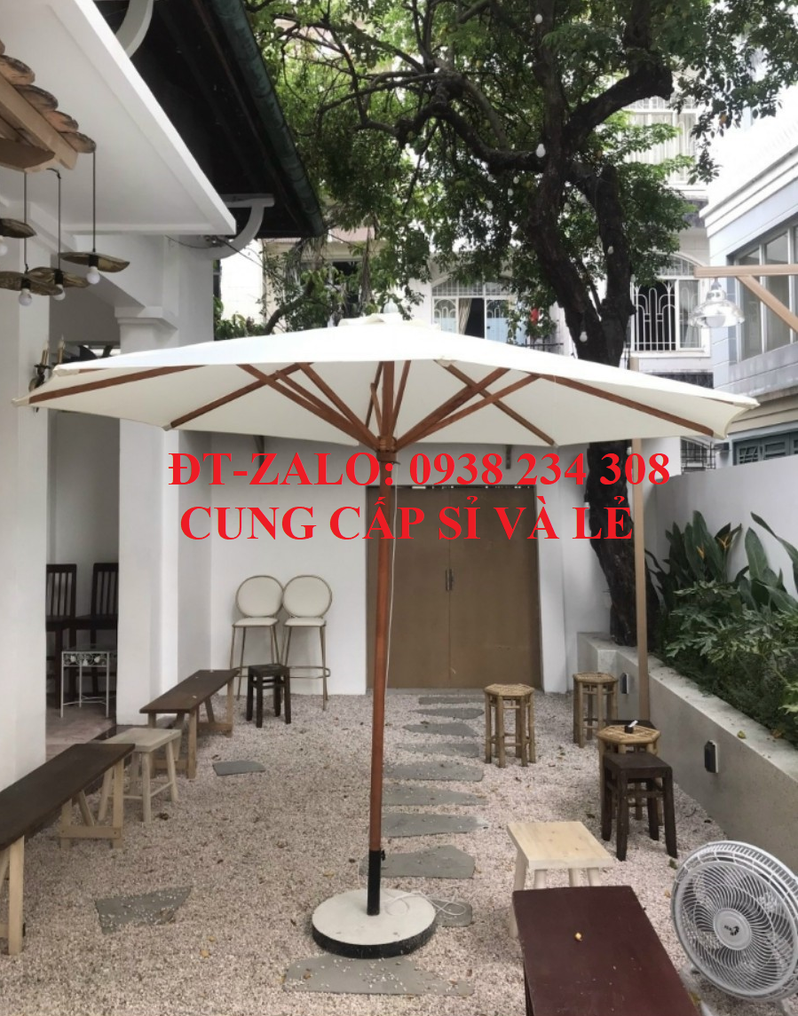 Dù thân gỗ, dù tròn chính tâm 3m, chân đế bê tông