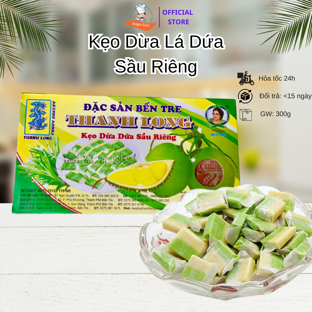 Kẹo dừa lá dứa sầu riêng hiệu Thanh Long - đặc sản Bến Tre