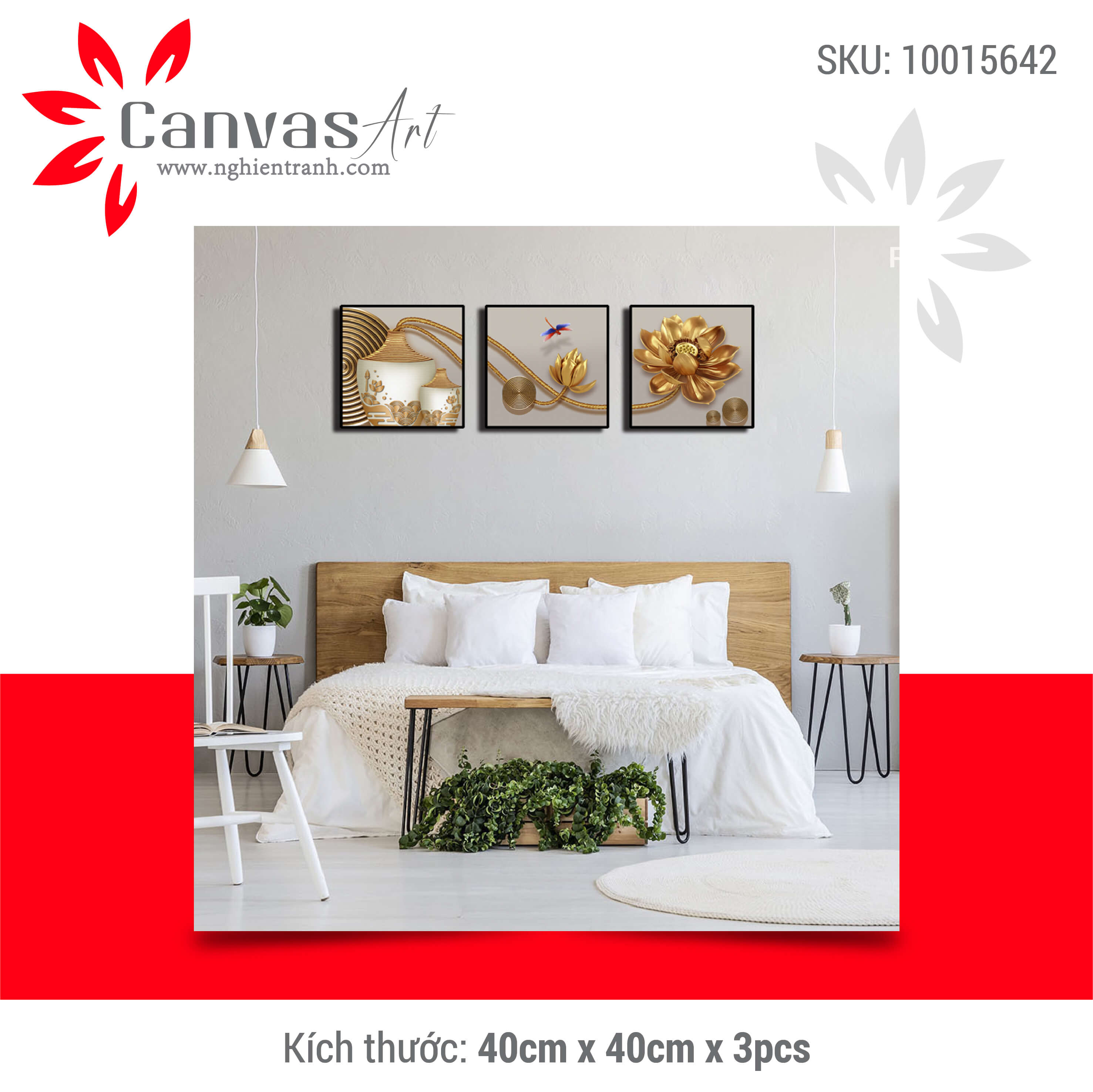 Tranh treo tường 3D phòng khách hoa sen đẹp  in trên canvas có khung trang trí phòng khách (#10015642)