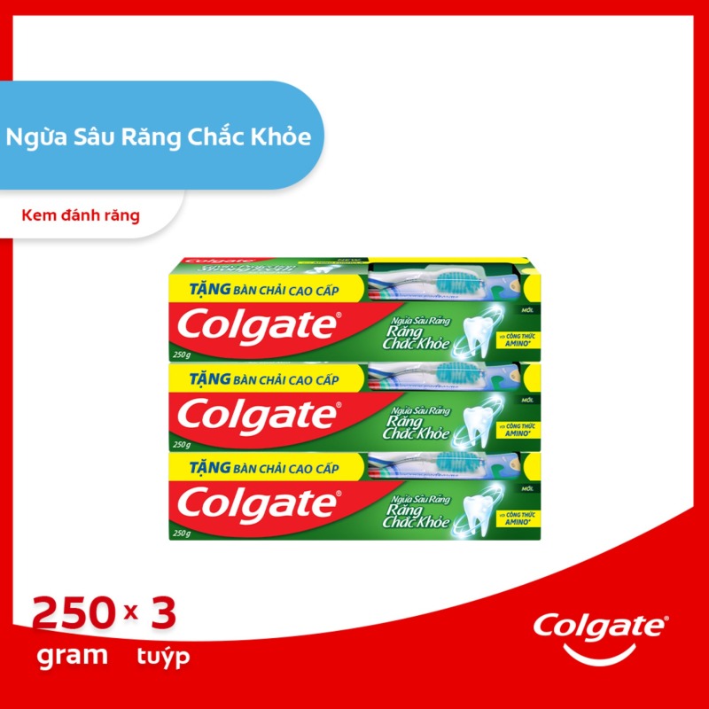 Bộ 3 kem đánh răng Colgate ngừa sâu răng răng chắc khỏe 250g/ tuýp tặng bàn chải lông tơ cao cấp Thái Lan cao cấp