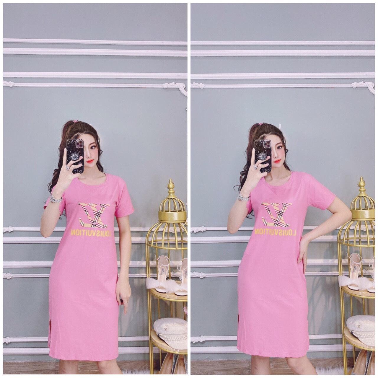 Đầm thun nữ dang dài in chữ LV