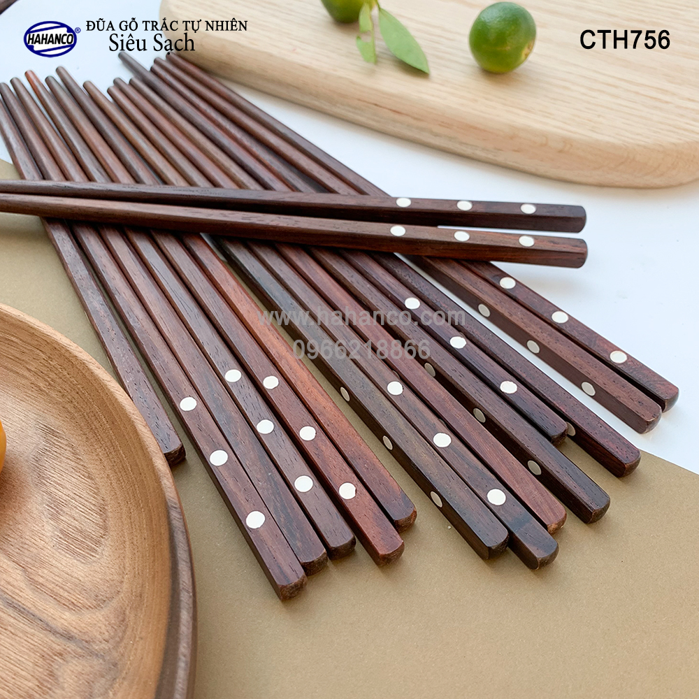 Đũa gỗ Trắc siêu sạch - CTH756 - Gỗ trắc khảm 3 chấm (10 Đôi/hộp) - HAHANCO