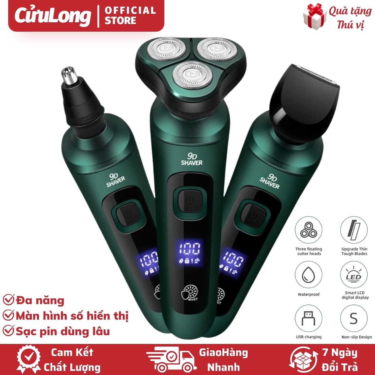 Máy Cạo Râu 9D Lưỡi Dao Kép đa năng, đầu tông đơ cắt tỉa lông mũi, chống nước IPX7, sạc pin màn hình kỹ thuật số hoạt động êm ái