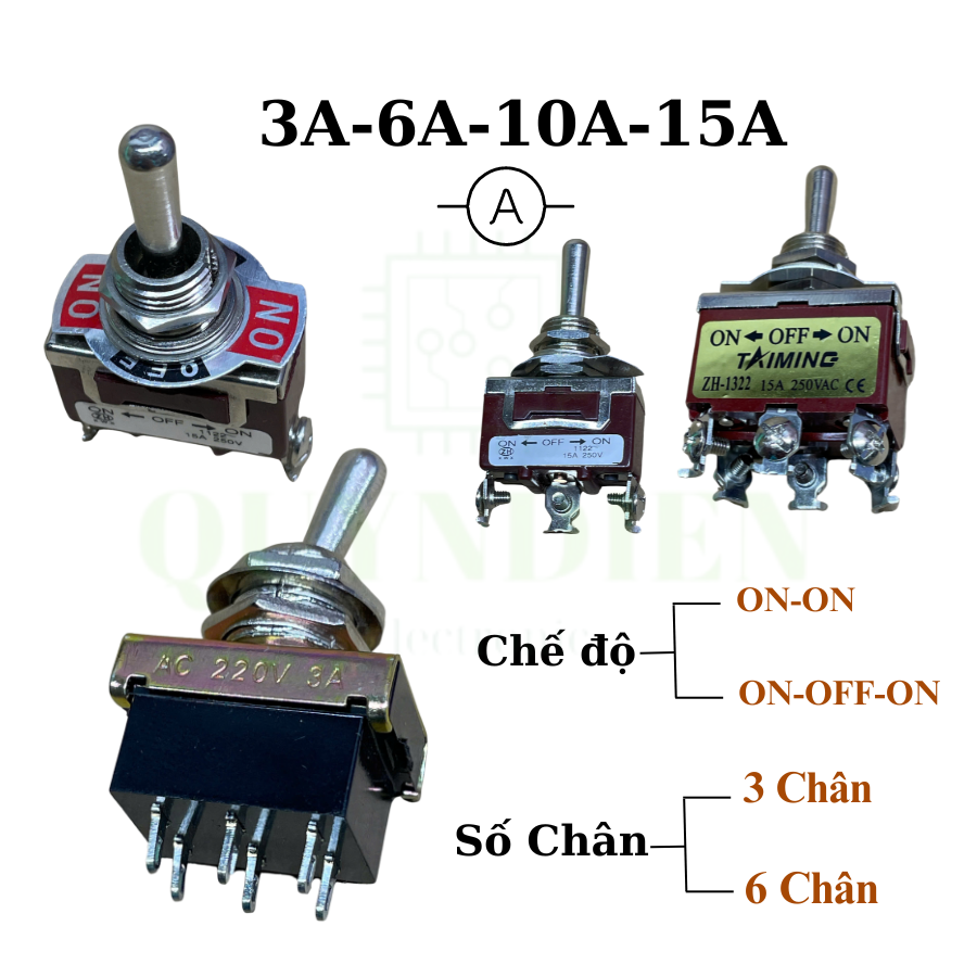 Công tắc gạt đảo chiều 3A-6A-10A-15A lỗ khoét 12mm - Linh kiện điện tử Quỳnh Diễn