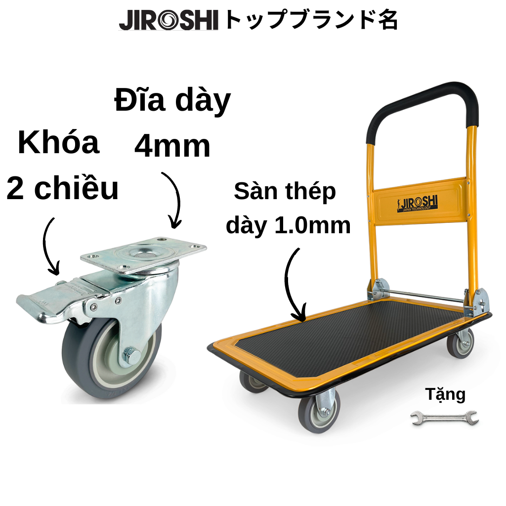Xe đẩy hàng 4 bánh gấp gọn 150kg JIROSHI bánh chống ồn có khoá, xe kéo hàng bốn bánh tay xếp gọn chở đồ tải nặng