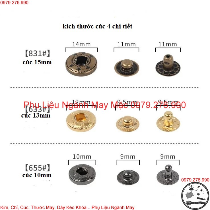 Cúc bấm 4 chi tiết 12mm ko gỉ sét- 40 bộ/1 gói